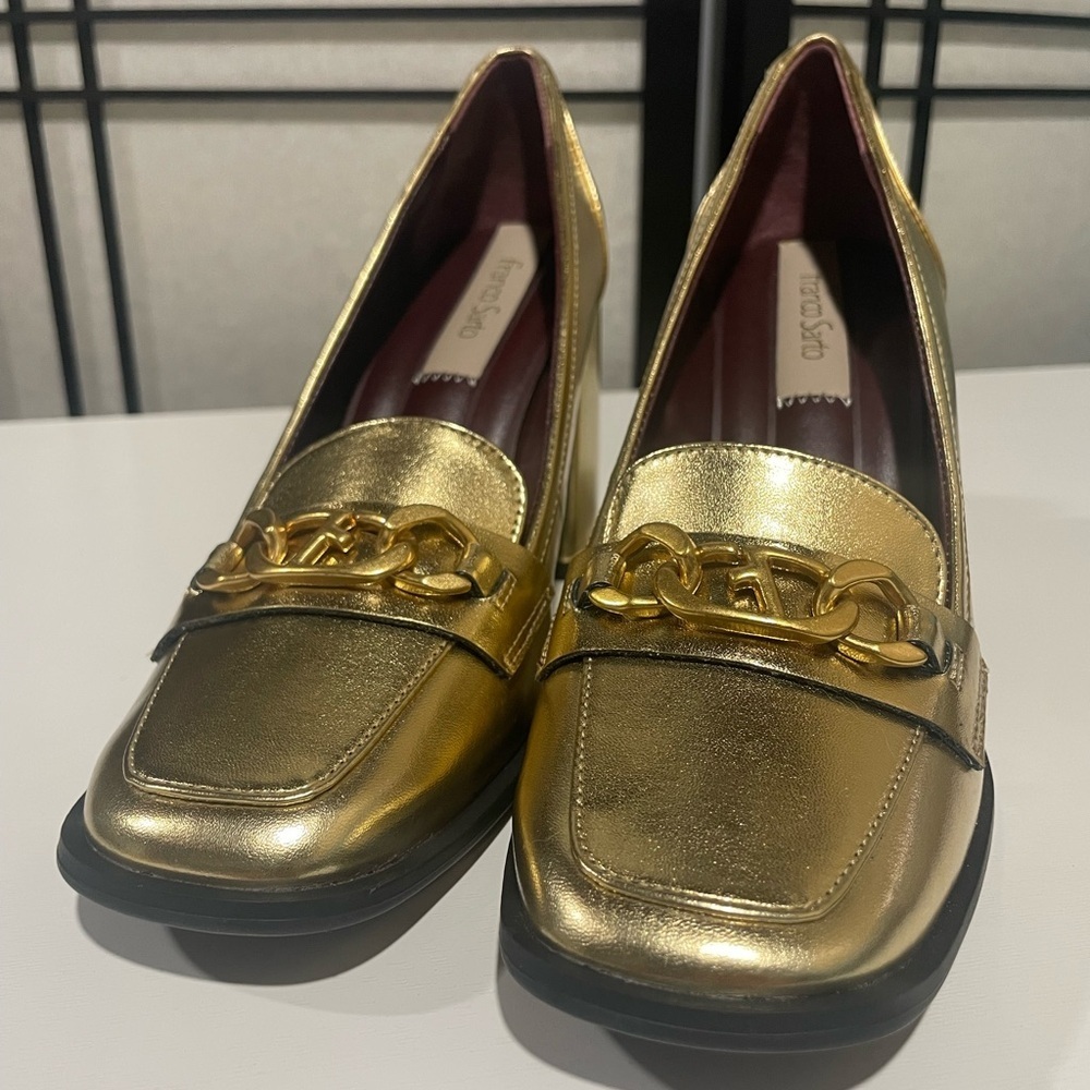 Women's Size 8 Franco Sarto Miri Loafer Gold Block High Heel Pump Shoes - Picture 12 of 12
